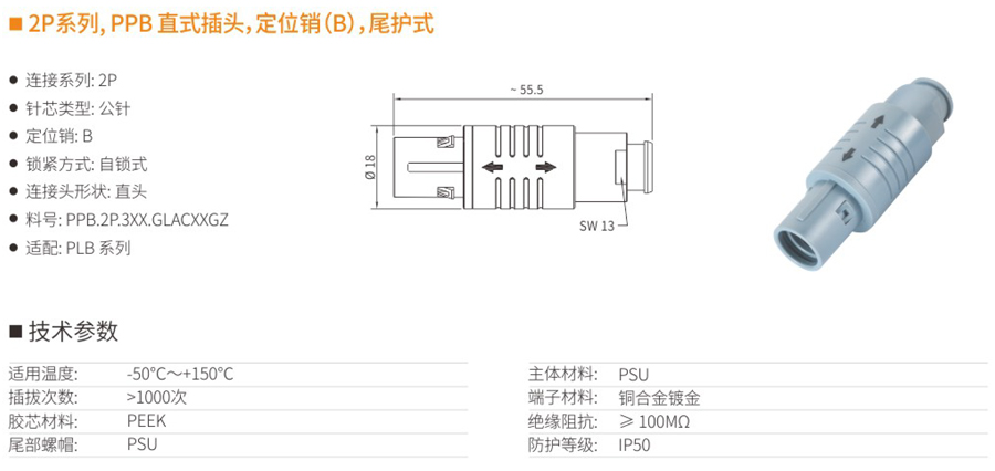 2P系列和PPB直式插头和定位销（B）和尾护式